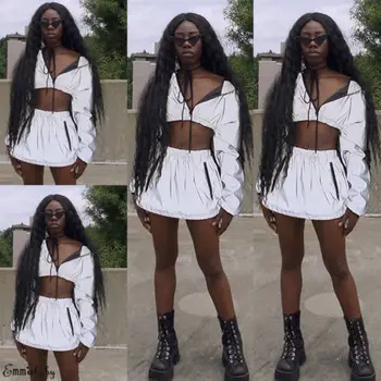 

Fashion Women V Neck Zip Crop Top Shiny Skirt Set Tracksuit Clubwear Party Dress