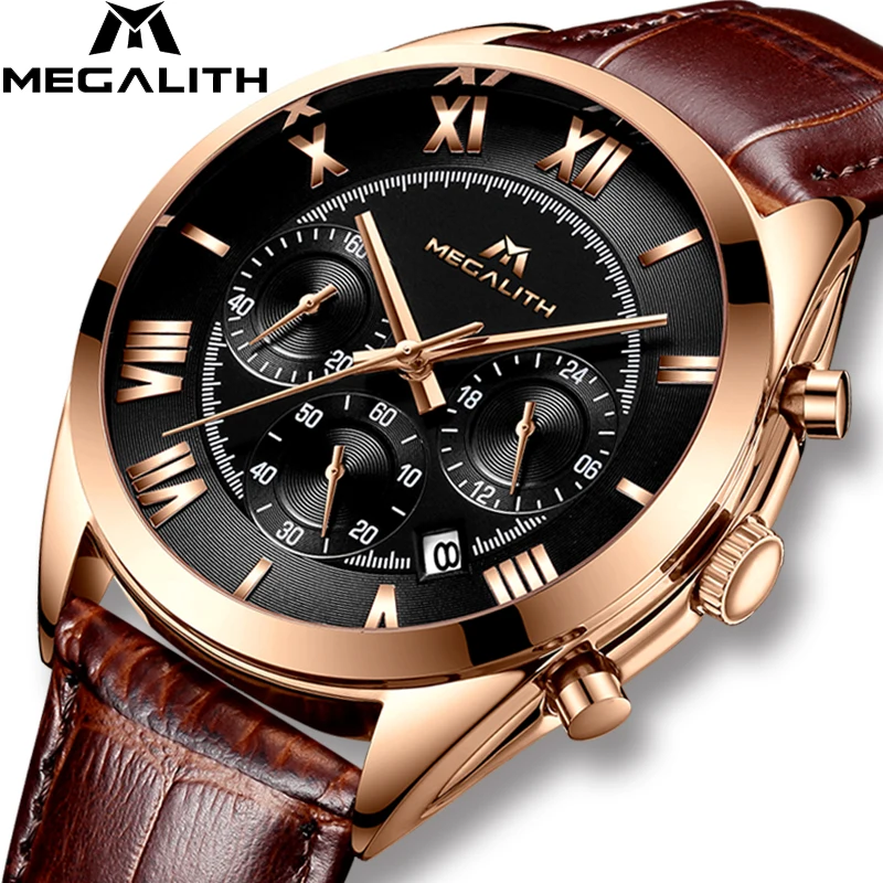 

MEGALITH Watch For Men Top Brand Sport Chronograph Date Calendar Quartz Watches Mens Luxury Business Brown Leather Wristwatches