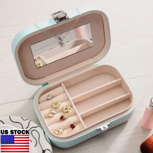 

2019 Leather Jewelry Box Storage Case Ring Earring Necklace Mirror PU Leather Holiday Gift US