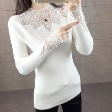 2019 Spring Women Lace Sweater High Elastic Solid O-neck Long Sleeve Sweater Women Slim Sexy Tight Bottoming Knitted Pullovers