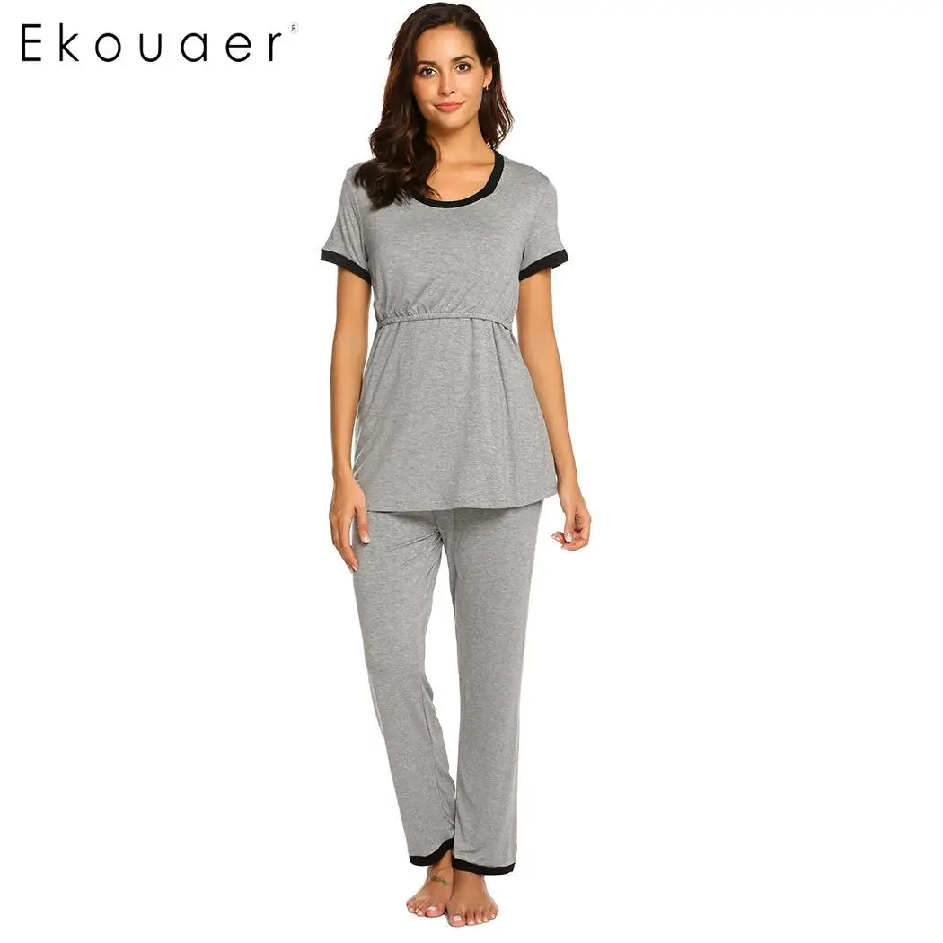 

Ekouaer Nightwear Pajamas Sets Women Casual O-Neck Short Sleeve Maternity Nursing Double Layered Sleepwear Home Pajamas Set