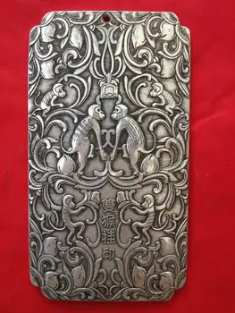 

Chinese Ssangyong Looting Treasure Tibet Silver Bullion Statue Thanka Carved Double DDragon Play Beads