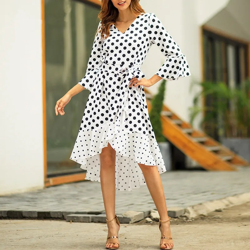 

2019 Women Summer Long Dress Elegant Polka Dot Print Ruffle Flare Sleeve Maxi Dresses Female Casual Dresses Vestidos De Verano
