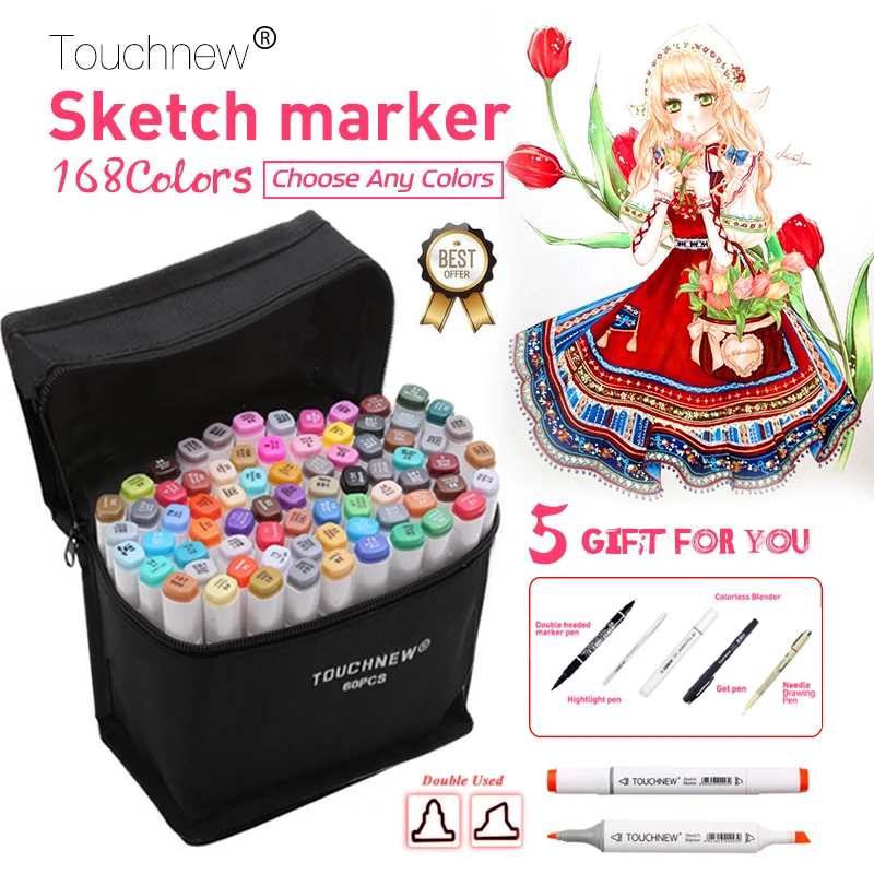 

TOUCHNEW 168Colors Skin Tones Dual Head Art Marker Set Sketch Brush Markers Pen for Artist Drawing Manga Fashion Design Supplies