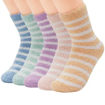 

Women Warm Super Soft Plush Slipper Sock Winter Fluffy Crew Socks Casual Home Sleeping Fuzzy Cozy Sock, 5 Pairs Colorful Strip