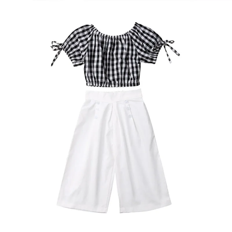 

18M-6T Kids Baby Girls Off Shoulder Checks Crop Tops Pants 2PCS Clothes Set Toddler T-Shirt Loose Holiday Outfits