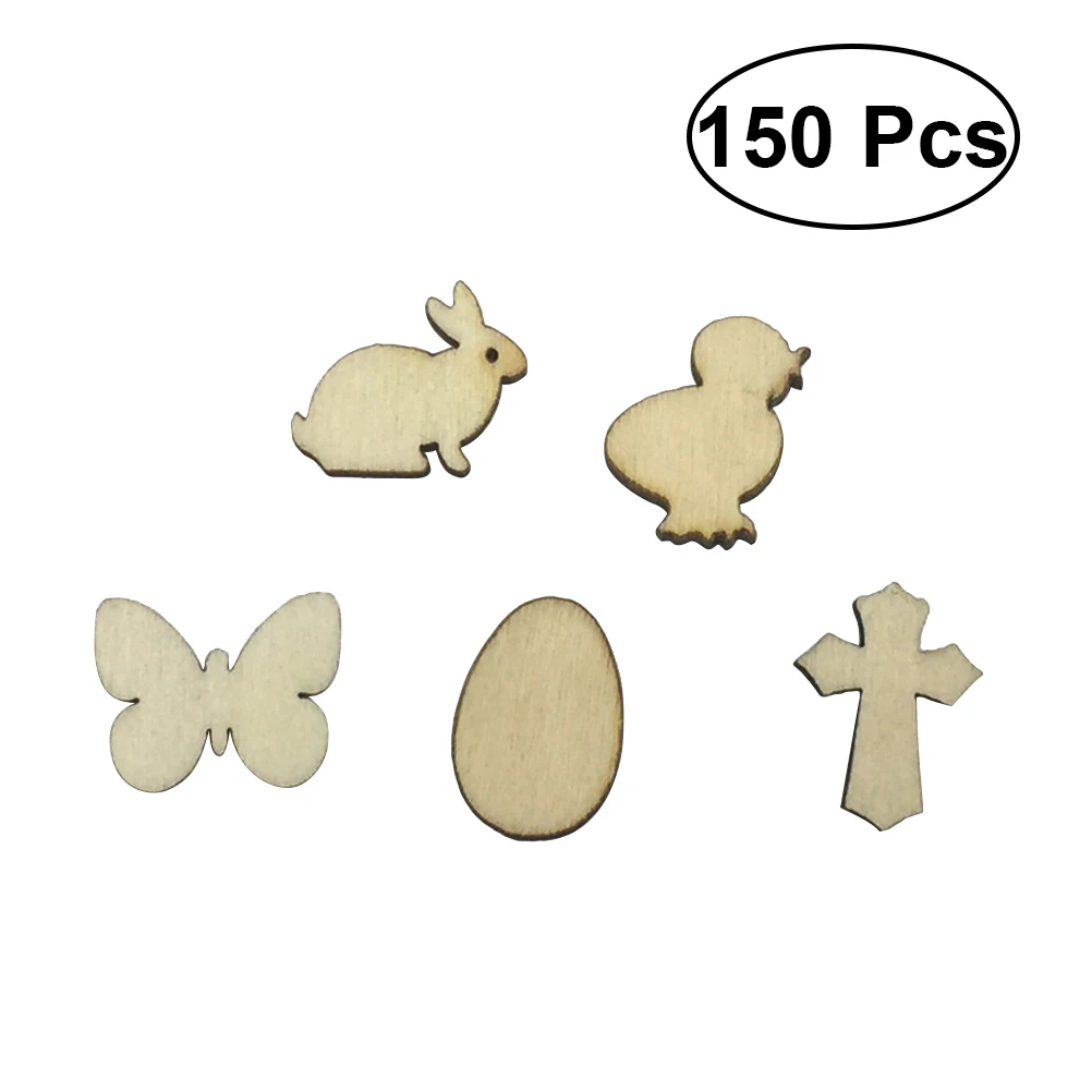 

150pcs 5 Styles Wood Chips Unfinished Egg Butterfly Rabbit Cross Chicken Shape Painted Decoration for Craft DIY Projects