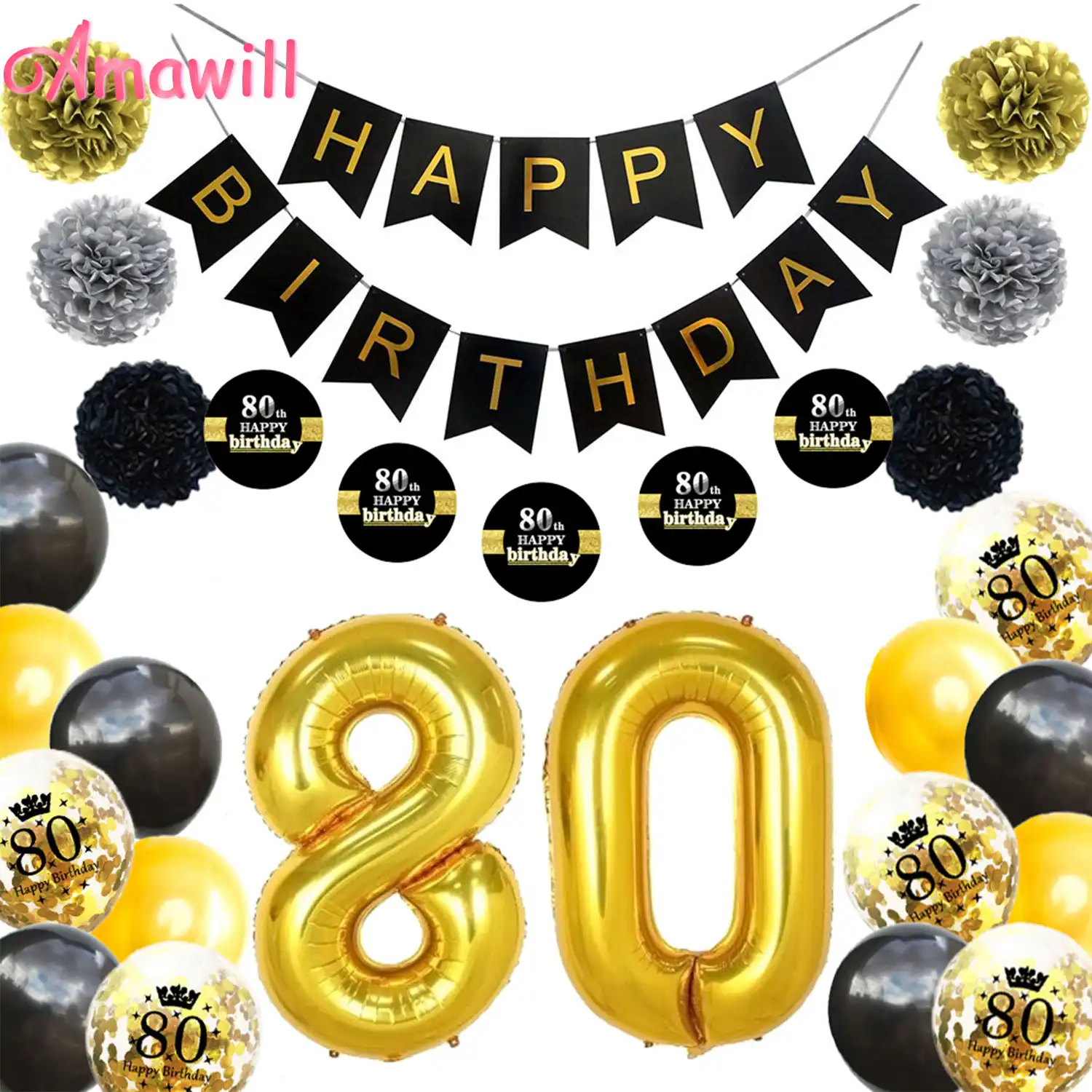 Amawill 80th день рождения декоративный Комплект Черный счастливый плакат "с днем рождения" бумага цветочные наклейки Золото 80 лет вечерние пост...