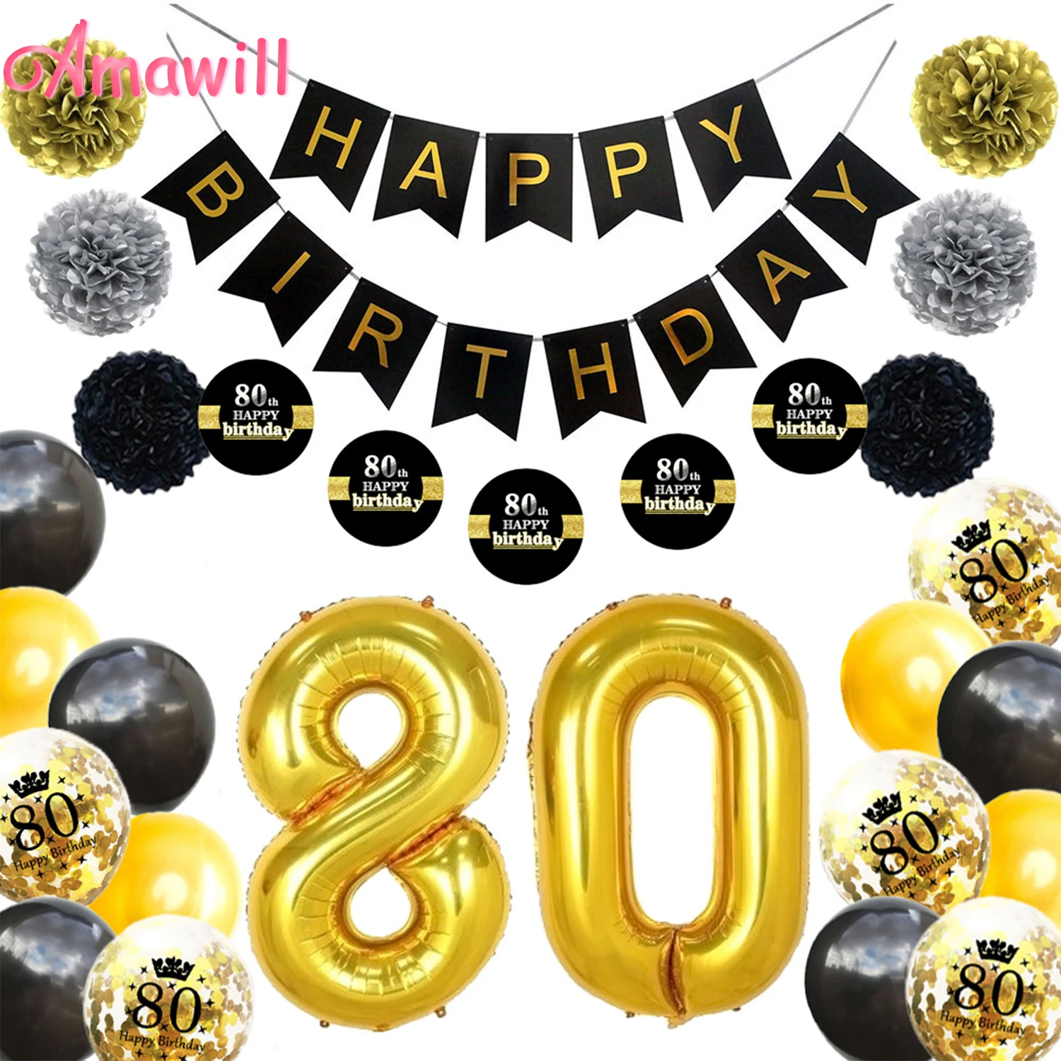 Набор для украшения дня рождения Amawill 80 го черный баннер на день бумажные
