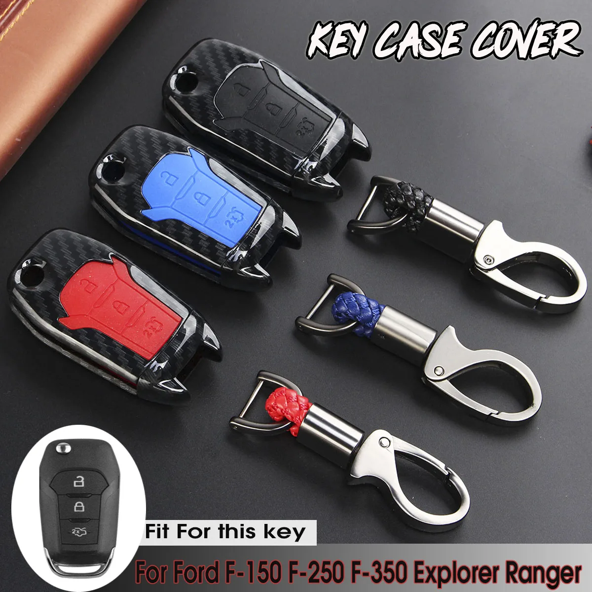 Car Carbon Fiber Remote Key Case Cover Key Protect Cover With Key Ring