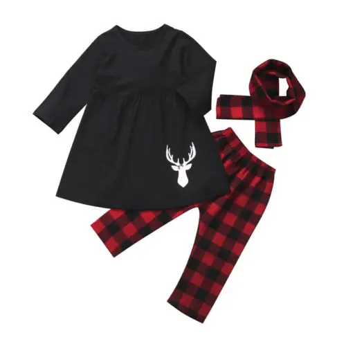 От 2 до 6 лет комплекты одежды для маленьких девочек, футболка с оленем, платье+ леггинсы, Рождественский комплект