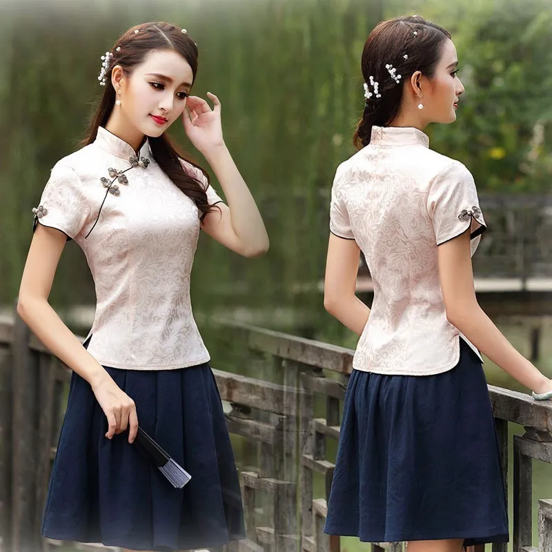 Sheng Coco Chinese Clothes Tops Traditional Style Cheongsam Tops Qipao Summer Short Jacquard Cotton Tang Costume Vetement Shirt