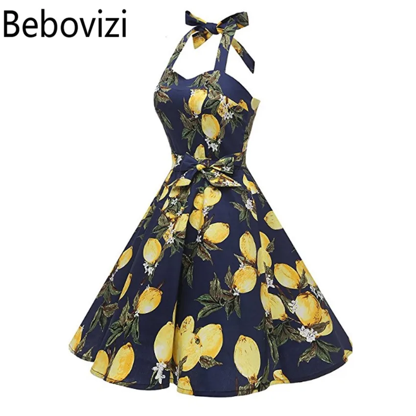 

Bebovizi Lemon Print Fashion Spaghetti Strap Fashion Party Midi Dresses for Women Elegant Vintage Retro Rockabilly Dress Swing