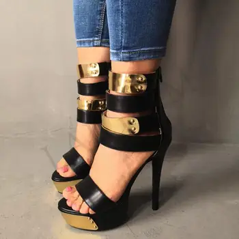 

LAIGZEM Strappy Women Sandals Open Toe Back Zipper Platform Heels Sandals Female Sapato Feminino Shoes Woman Big Size 34-52