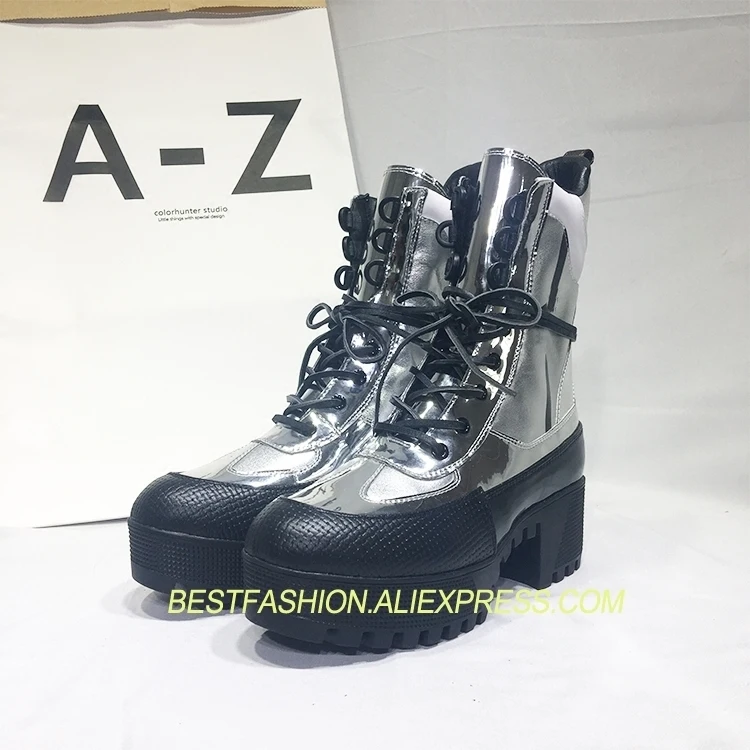 

Hot Autumn Winter Shoes Woman Platform Lace Up Square Heels Leather Boots Designer Woman Silver Tide Superstar Knight Boots