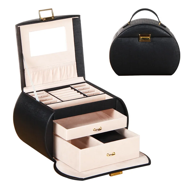 Cena Automatyczne skórzane pudełko z biżuterią trzy pudełko do przechowywania z warstwową konstrukcją na kolczyki damskie Ring organizer na kosmetyki trumna na ozdoby