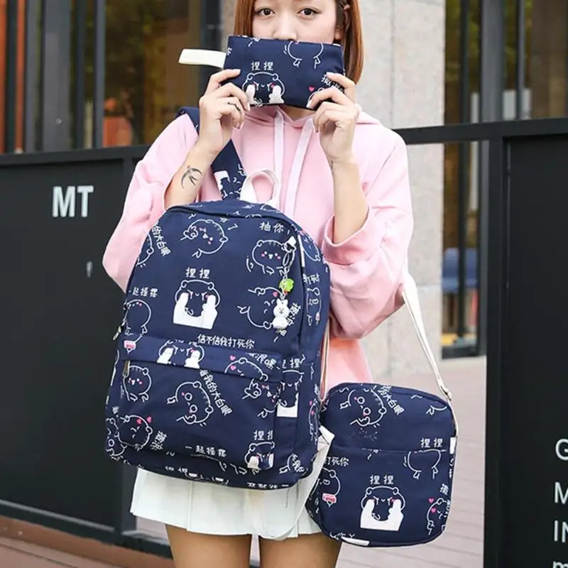 

3pcs Autumn Winter Women Girls Female Cute Cat Printing Backpack Ladies Canvas School Travel Bag Set for Teenage Girls Gift