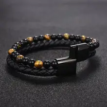 Jiayiqi pulsera de hombre de piedra Natural de 6MM pulsera de cuero genuino negro magnética pulsera de hebilla 18,5/20,5/22 cm joyería masculina(China)