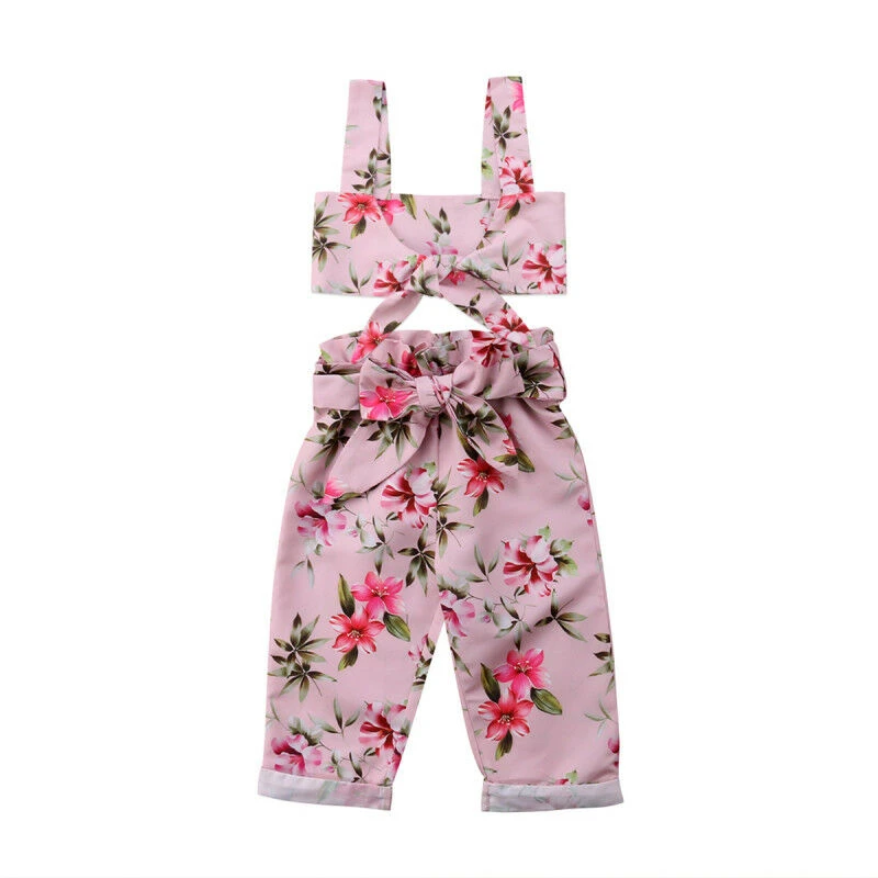 

2pcs Summer Kids Baby Girls Clothes Sets Bow Floral Crop Top Bare Midriff Vest Bowknot Trouser Pants Outfits Set Baby Girl 6M-5T