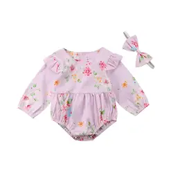 Милый комплект детской одежды для маленьких девочек розового цвета с оборками; с цветочным узором; Детский комбинезон с повязкой-бантом