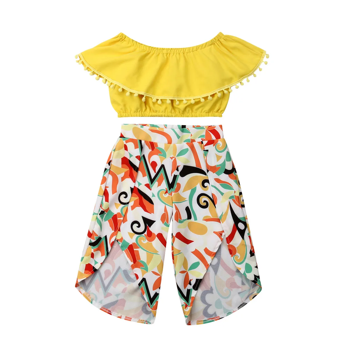 

Summer Toddler Kids Baby Girl Off shoulder Tassel Ball Crop Tops Floral Wide Leg Pant 2PCS Outfits Girls Clothing Set 1-6Y