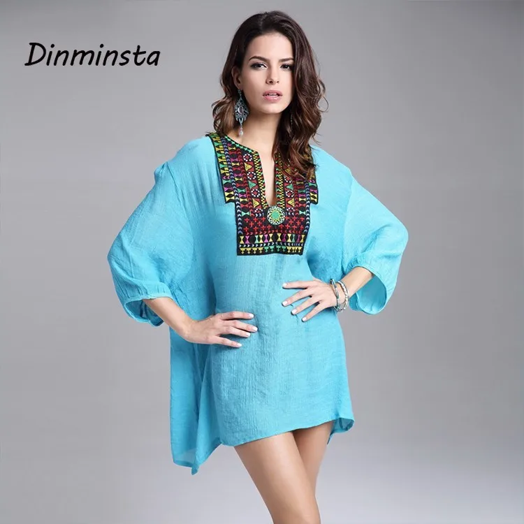 Dinminsta женский весенний богемный Топ Женская Повседневная Вышивка с коротким рукавом Длинная Бохо Ткань пляжная Blusas Винтажная Футболка большого размера