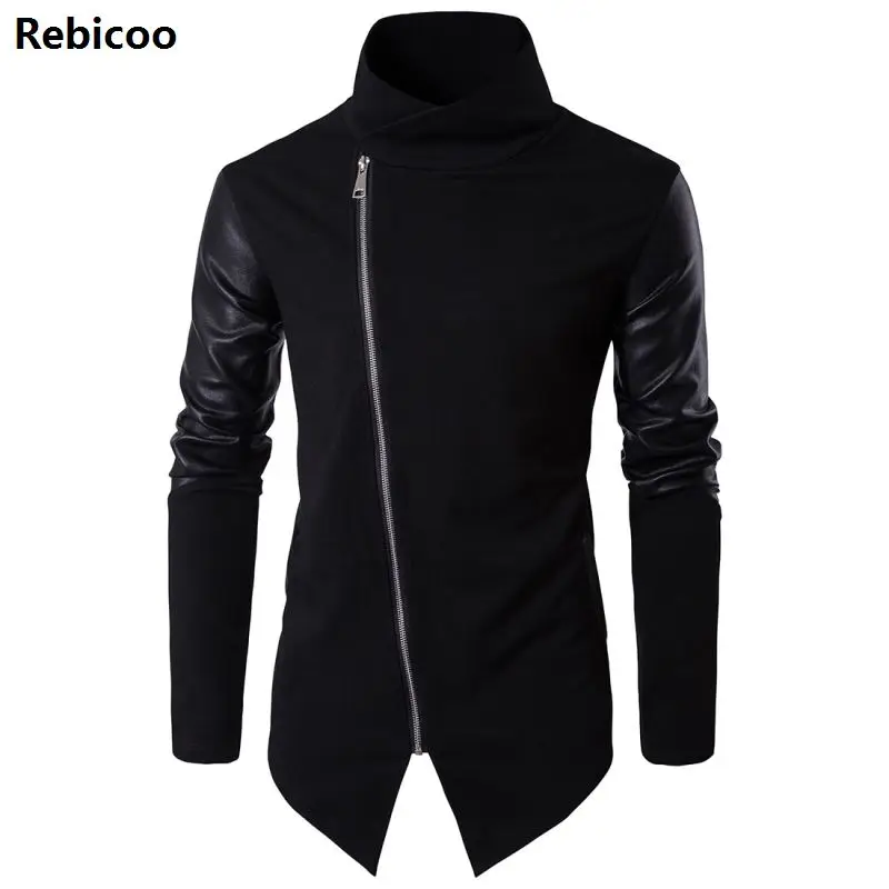 

Men Hooded Sweatshirts with Leather Patchwork Hip Hop Mantle Hoodies Fashion Outwear long Sleeves Asymmetrical Man's Outwear