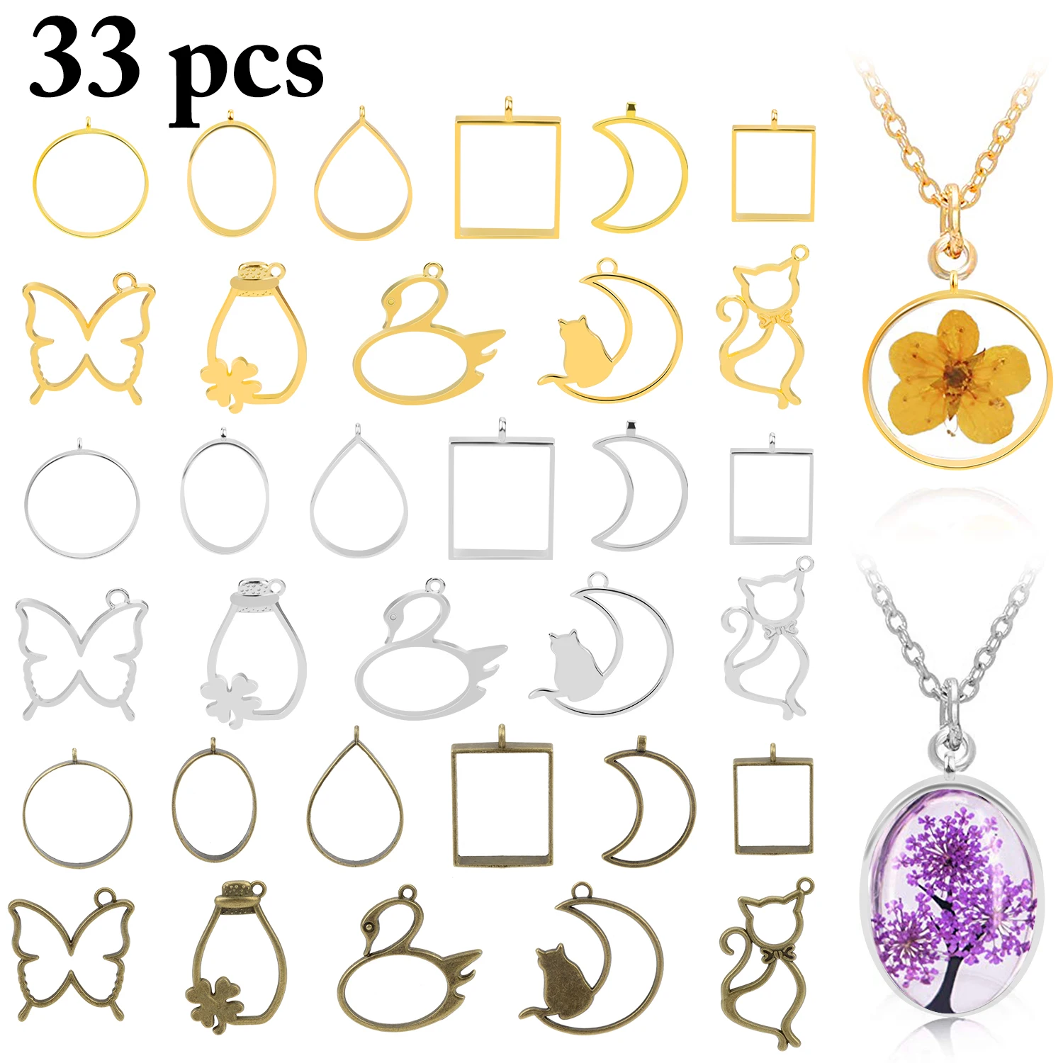 33pcs Charm Bezel Butterfly Moon Water Drop Assorted Geometric Hollow Pressed Cat Flower Frame Pendant Resin Jewelry Making | Украшения и