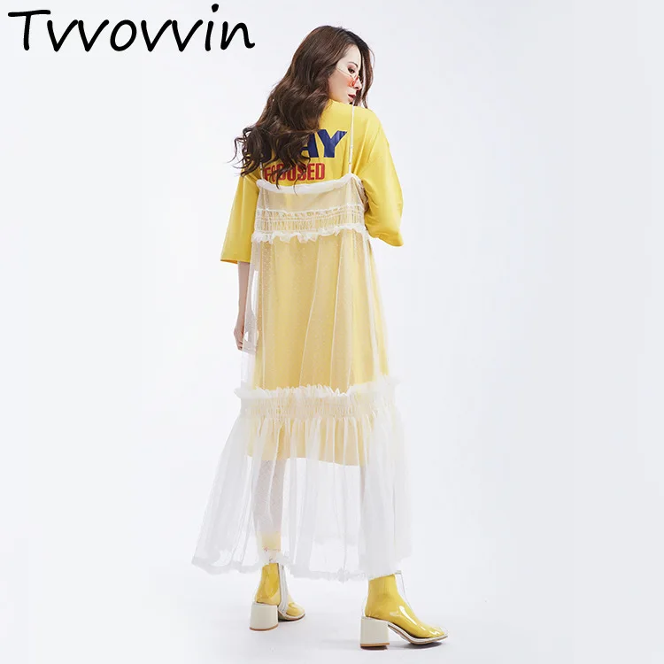 

TVVOVVIN New 2019 Fashion Student Fashion Vest Dress Shoulder Strap Lace Mesh Loose Casual Dresses Dot Womens AS507