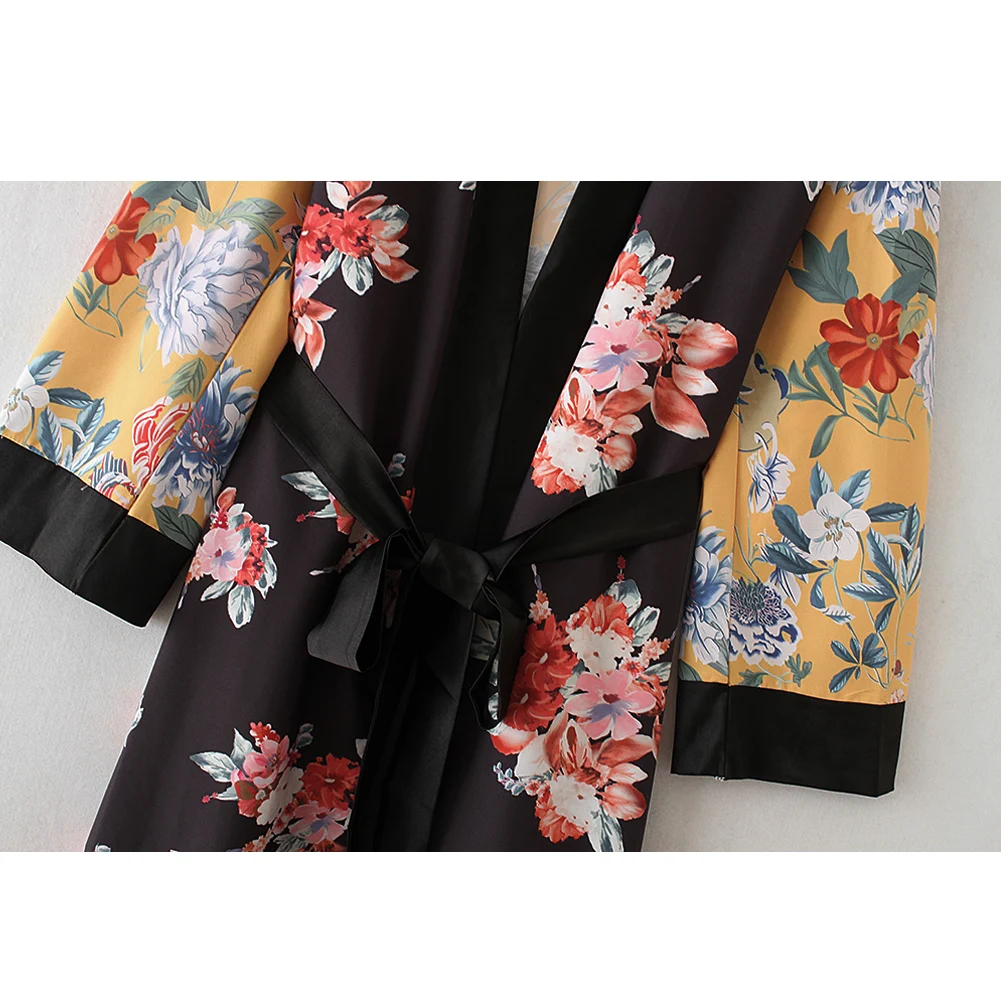 Женское кимоно с цветочным принтом, кардиган, блузка, бандаж, летний праздник, пляж, накидка, бохо, Длинные свободные повседневные рубашки, халат с поясом