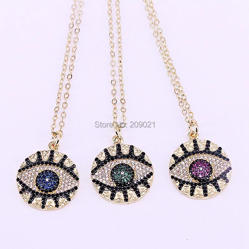 

6Pcs New Fashion Copper CZ/Cubic Zirconia Micro Pave Round Eye Charm Pendant Necklace