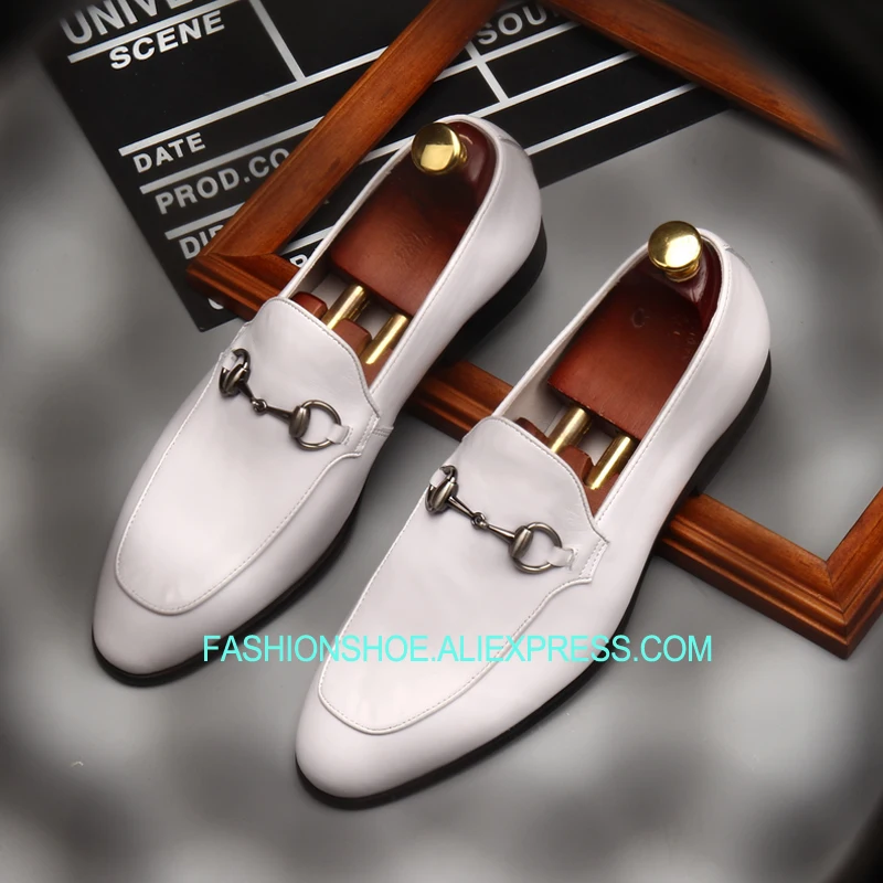 

British Style White Horsebit Formal Dress Shoes Handmade Cow leather Mens Wedding Bride Shoe
