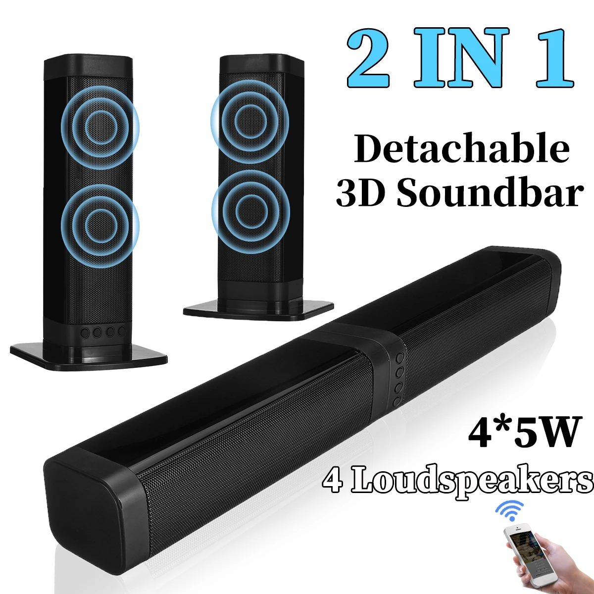 

20W Detachable Soundbar Speakers Wireless bluetooth 5.0 Column Soundbar Stereo Speaker 3D TV Home Theater Sound Bar TF AUX FM