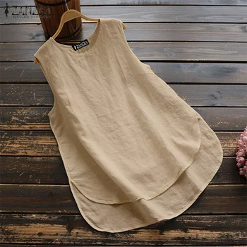 

2020 ZANZEA Summer Solid Tanks Tops Women Casual Sleeveless Loose Tunic Top Vintage Cotton Linen Party Camis Shirt Femme Blusas