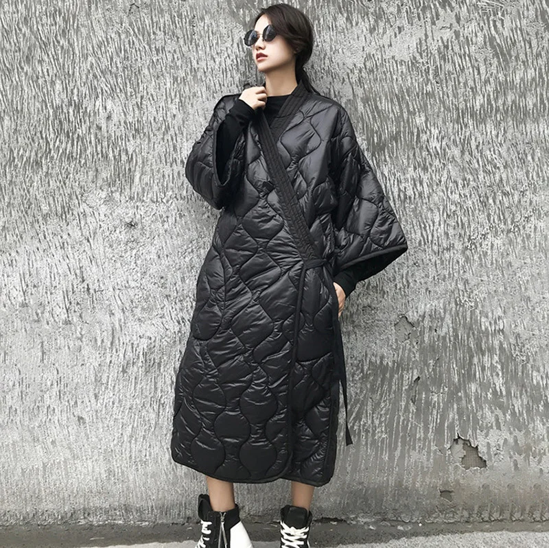 

SHENGPALAE 2019 Winter New Fashion Black Cotton-jackets V Collar Long Seleve Waist Tie Loose Casual Women Coat Tide JD186