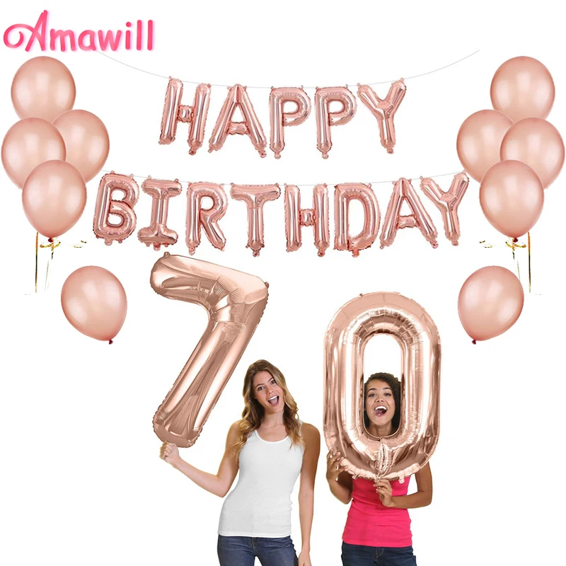

Amawill Rose Gold Happy 70th Birthday Decorations Set Foil Globos Banner 12inch Latex Balloons for 70 Years Party Supplies 75D
