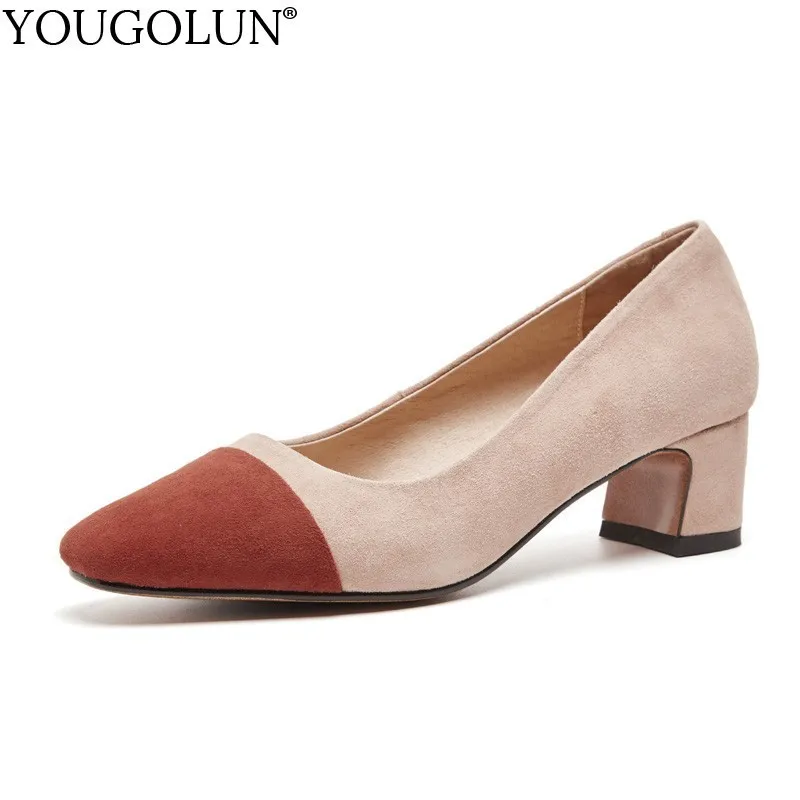 

YOUGOLUN Sheepskin Leather Women Pumps New Arrived Black Red Ladies Casual Shoes Fashion Woman Round Toe Mid Square Heel B304
