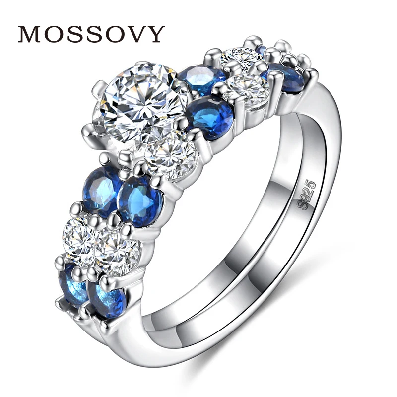 

Mossovy High Grade Luxurious Blue Sharp Zircon female Ring 2pc/set Wedding Rings for Women Oorbellen Pendientes Aretes De Mujer