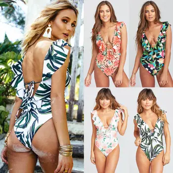 

Women's One-Piece Bandage Bow Backless Floral Ruffles Bodysuit Beach Sun