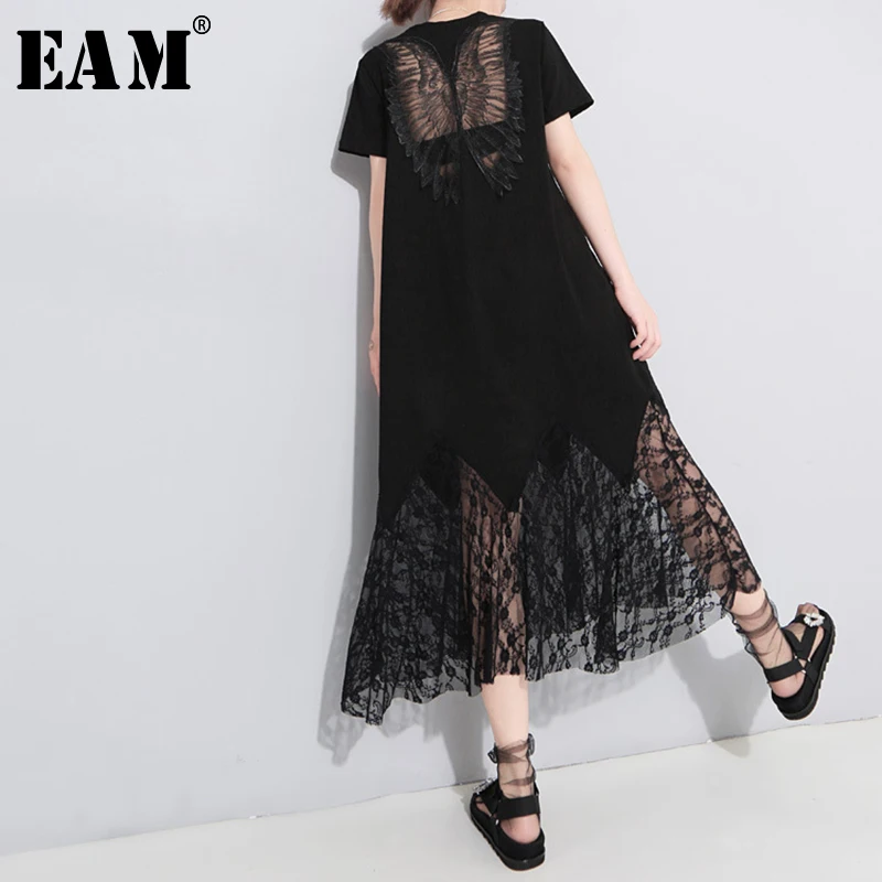 

[EAM] 2019 New Spring Summer Round Neck Short Sleeve Black Lace Hollow Out Oose Long Temperament Dress Women Fashion Tide JU177