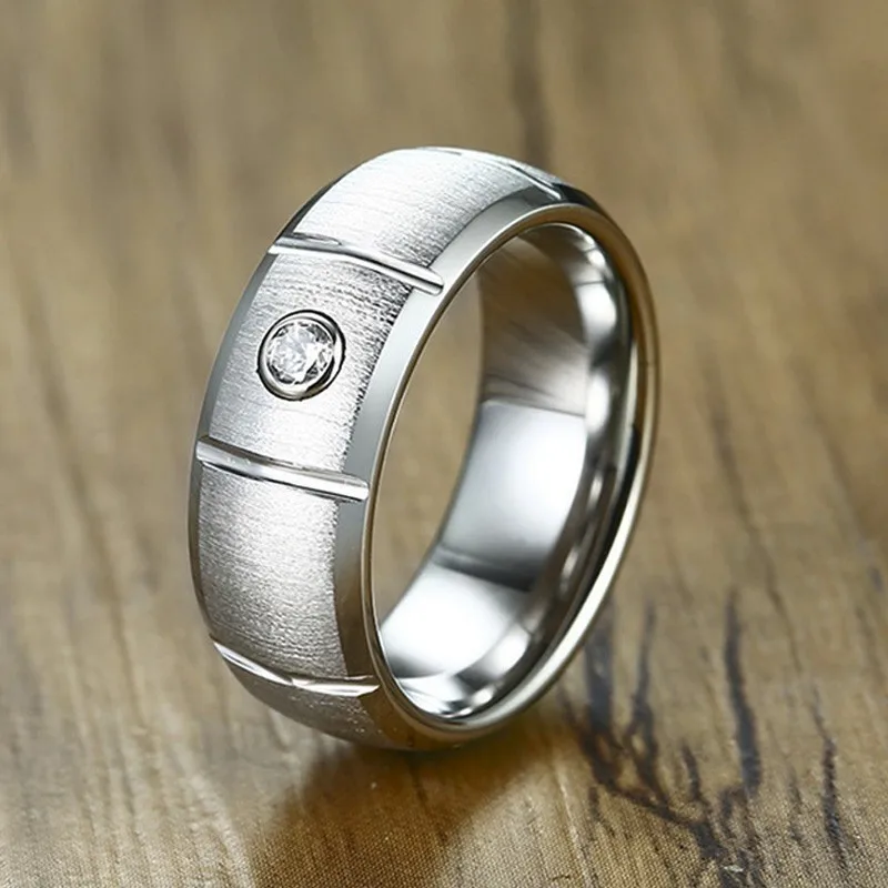 

Mens Dome Brushed Finish Silverly Tungsten Carbide Wedding Band with Center CZ Horizontal Grooved Inlay Design Men Ring