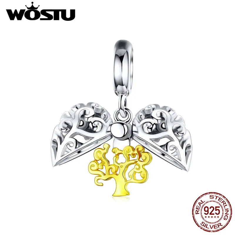 

WOSTU 925 Sterling Silver Golden Tree of Life Dangle Charm Flower Beads Fit Original Bracelet Accessories DIY Jewelry CQC1161