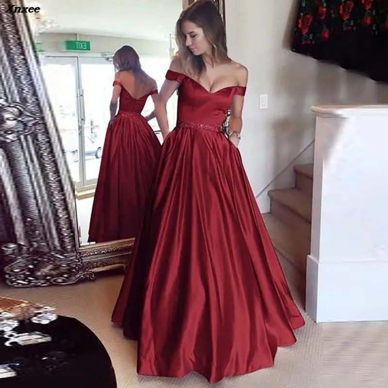 

Elegant A-line Evening Party Maxi Dress Vintage Off Shoulder Prom Pocket Long Dresses Sexy V-Neck Vestidos Mujer Plus Size S-5XL