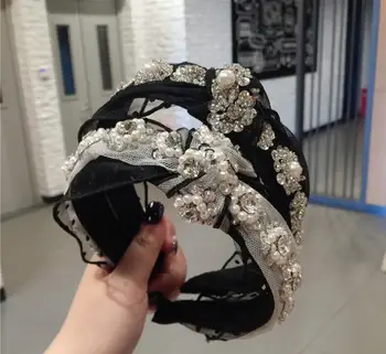 

Pearl Handmade Beaded Lace Wide Edition Middle Twisted Mesh Hairpin Goddess Hairband