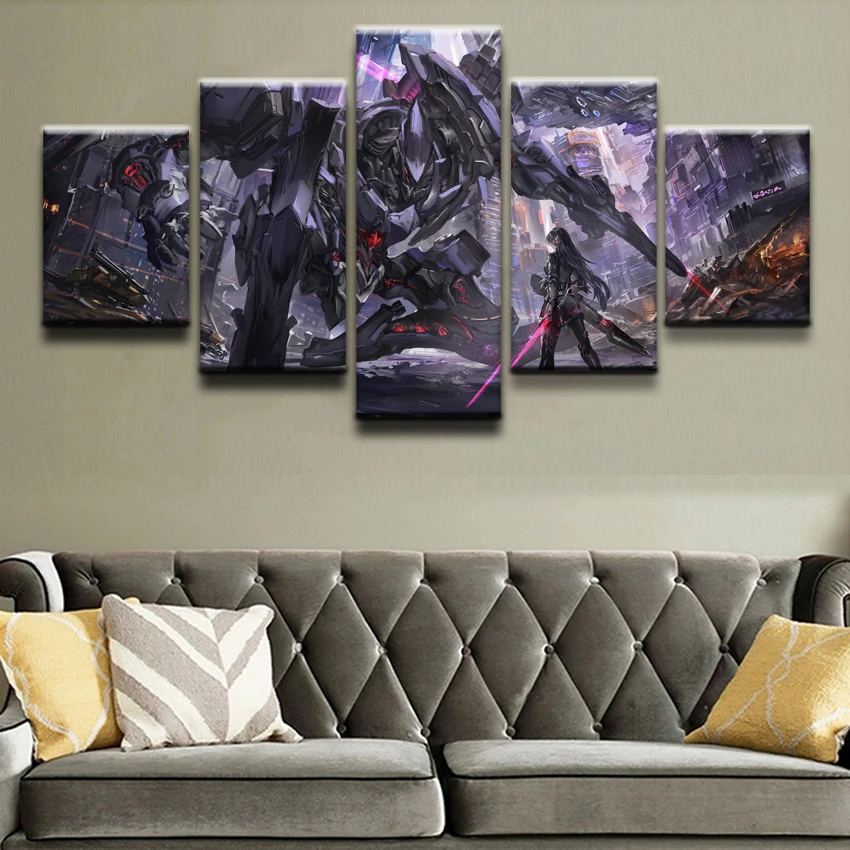 

Anime Original Poster 5 Pieces Blade City Girl and Robot In Ruin Painting Home Decor Living Room Canvas Print Wall Art Picture