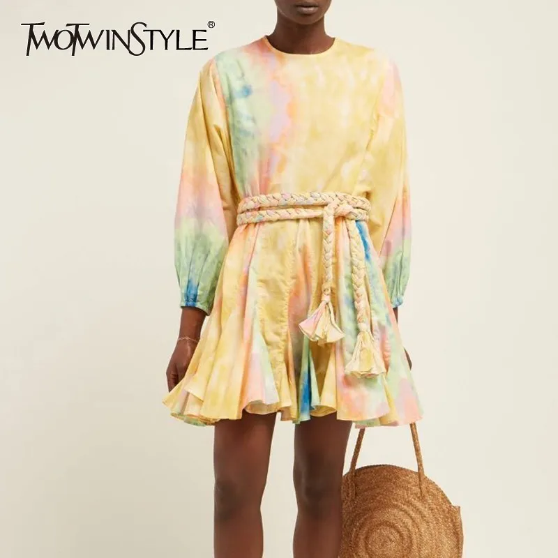 

TWOTWINSTYLE Hit Color Print Dresses Women Long Sleeve O Neck High Waist Lace Up Female Dress Spring Casual Fashion 2019 Tide