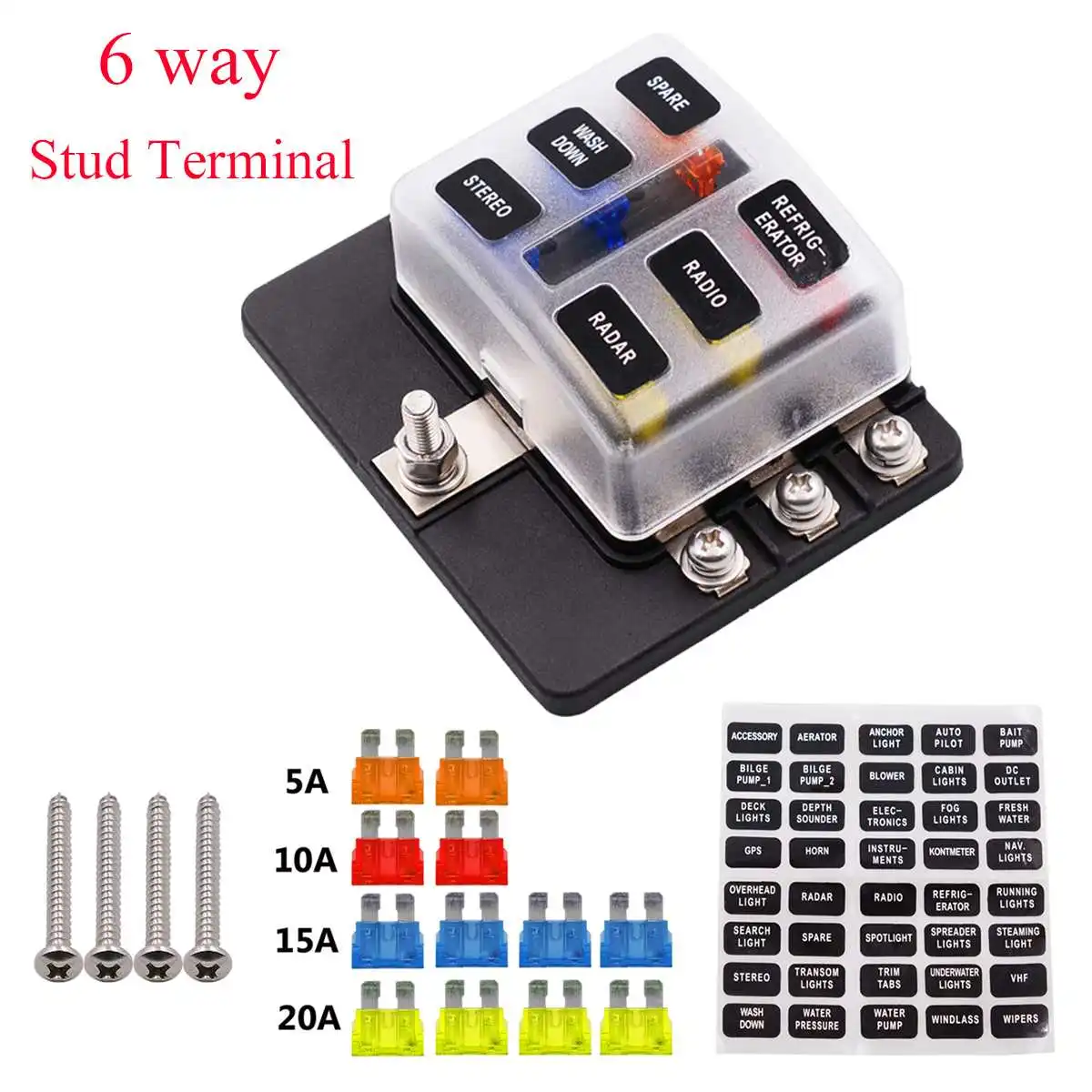 

6 Way 12Pcs Fuse Box 12V 32V Circuit Standard Blade Block Holder Car Caravan Universal 5 10 15 20A CS-579A1