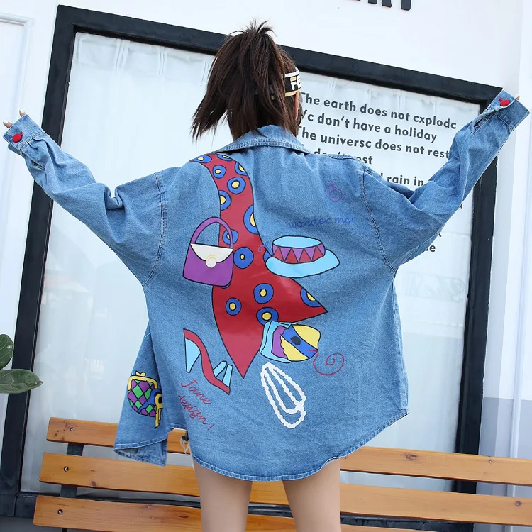 Veste Dessin Cowboy Perles De Manches Longues Printemps Impression À Chemise Jeans Blue Mo Jean Bleu Qf775 Femmes Qing Animé Femme Manteau sCdrBthQx