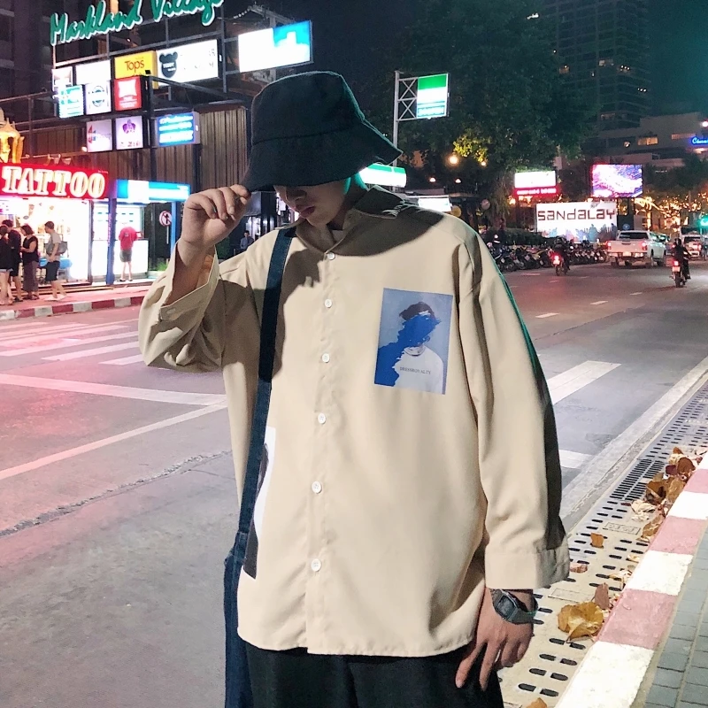 

2019 Spring And Summer Models Korean Version Of The Trend Loose Casual Youth Solid Color Long-sleeved Shirt Streetwear Best