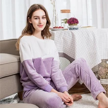 Qianxiu зимний пижамный комплект для женщин фланелевый цветной пуловер с круглым воротником Женская теплая Пижама утепленная простая домашняя одежда